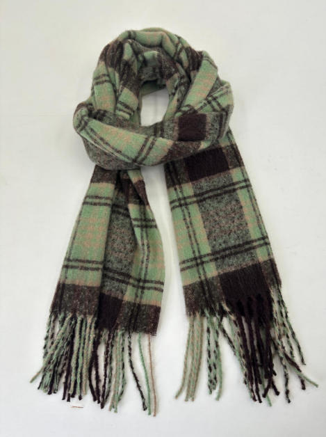 Mint green and dark brown plaid tartan scarf with fringe ends, looped and laid flat on white background