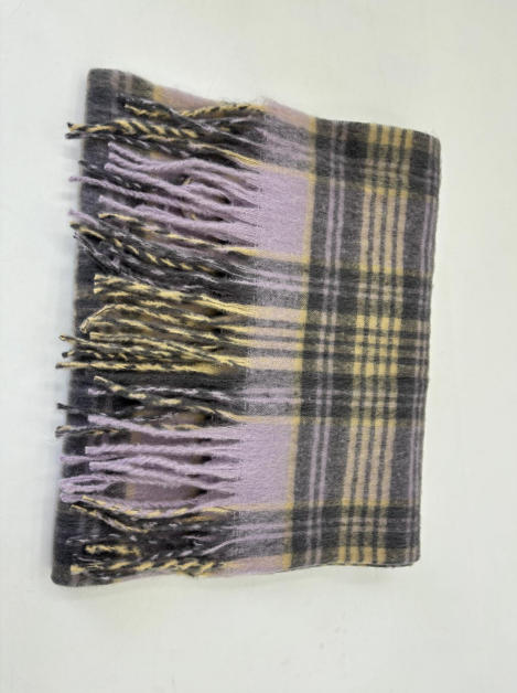 Folded lavender, grey and beige tartan plaid wool throw blanket with twisted fringe trim on white background