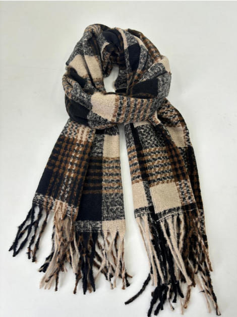 Folded woven plaid scarf in black, beige, and brown houndstooth pattern with long knotted fringe ends