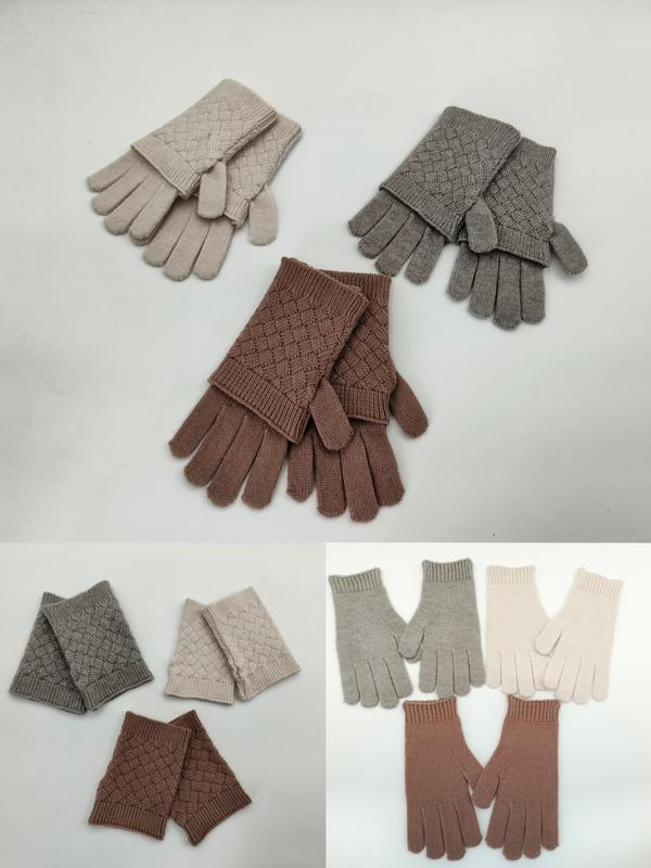 Three pairs of diamond-pattern knit winter gloves in beige, gray, and brown, shown with matching fingerless wrist warmers