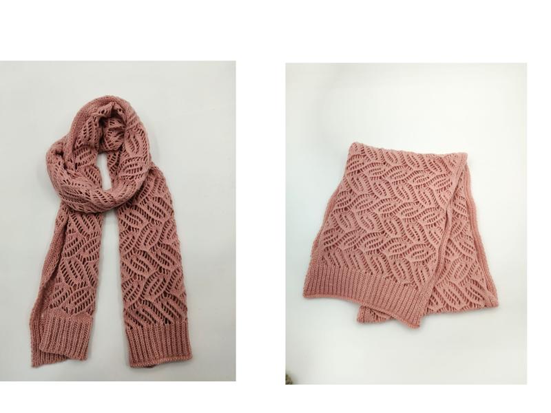 Dusty rose knit scarf with open lace leaf pattern shown draped and folded, featuring ribbed ends