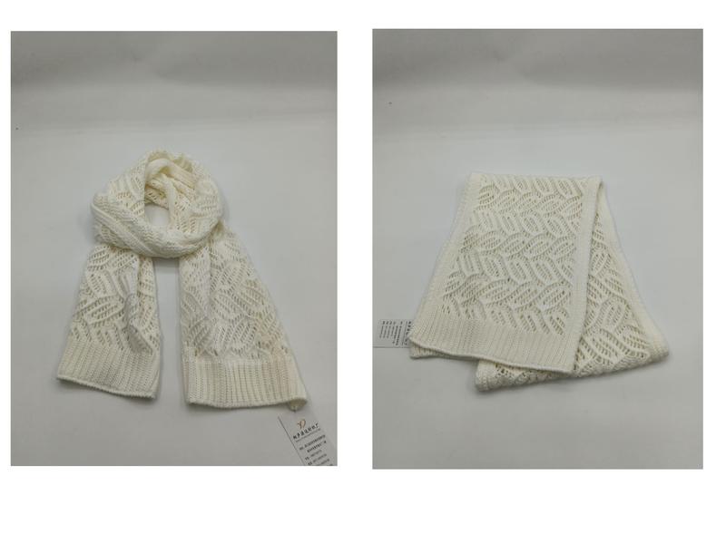 Cream white chunky open-knit scarf with geometric pointelle pattern shown draped and folded on white background