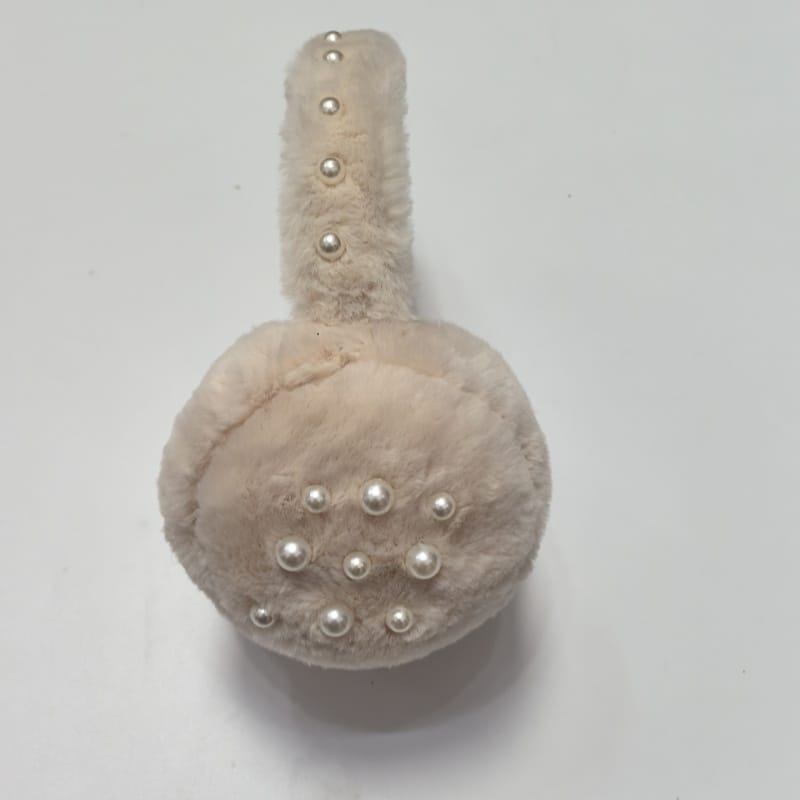 Brown curly sherpa fleece earmuffs with adjustable headband on white background, soft teddy texture winter ear warmers