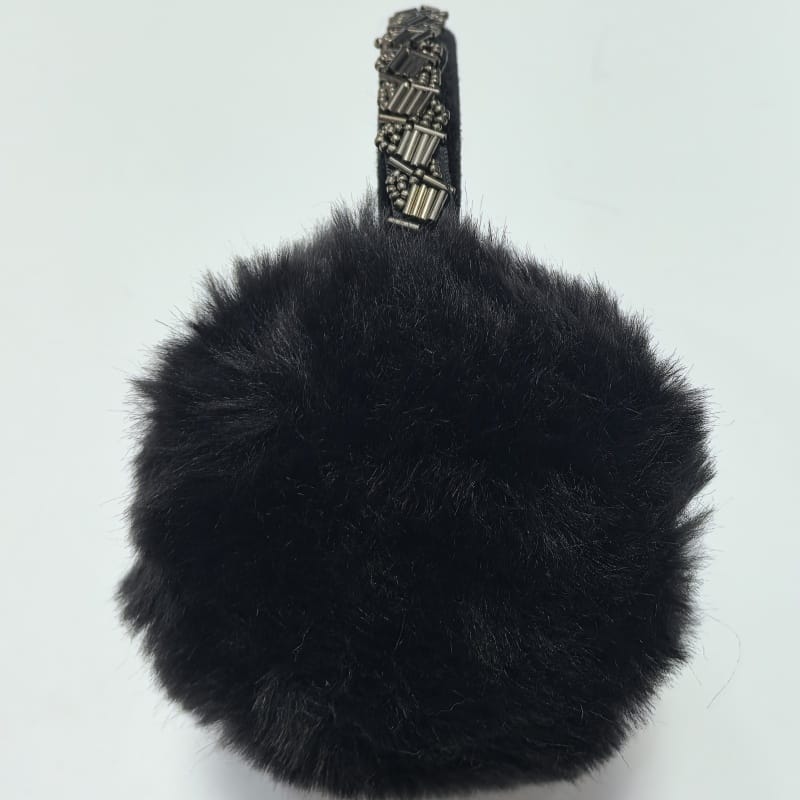 Black fluffy faux fur hair clip barrette with colorful teardrop rhinestone crystals on dark fabric band