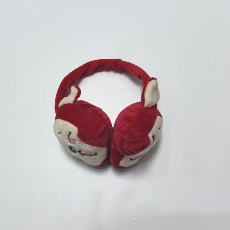 Beige fluffy plush earmuffs with pink-lined rabbit ears and gray pom-poms on white background