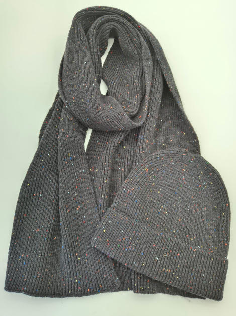 Grey ribbed knit scarf and beanie hat set with multicolor confetti speckle detail, laid flat on white background