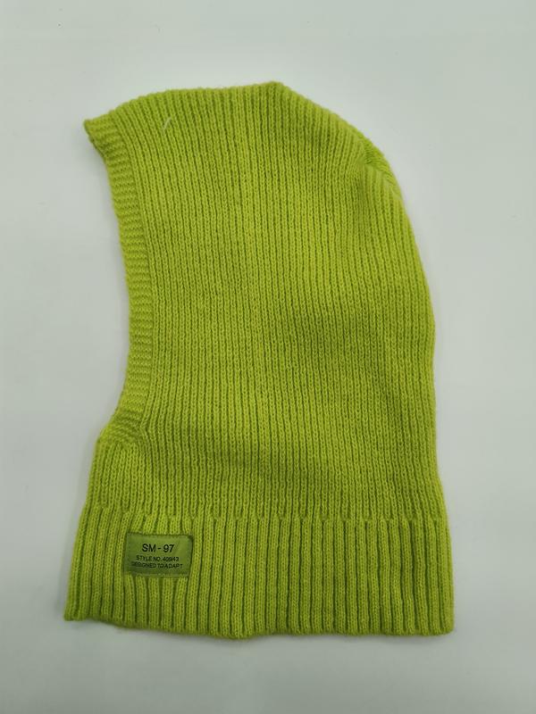 Lime green ribbed knit balaclava full face ski mask laid flat on white background with small label patch