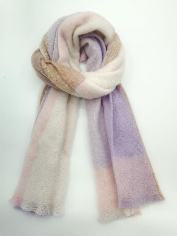 Rolled pastel mohair blend scarf with lavender, blush pink, cream, and camel color block stripes on white background