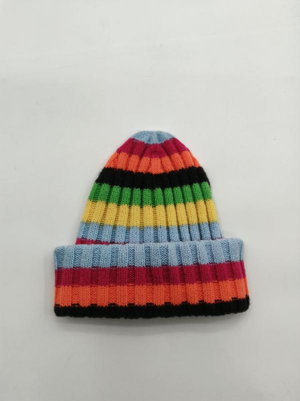 Colorful multicolor striped ribbed knit beanie hat with folded cuff, featuring blue, pink, orange, black, green and yellow stripes