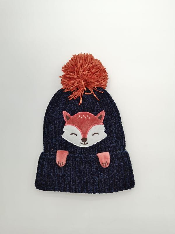 Navy blue chenille ribbed knit children's beanie hat with embroidered fox face appliqué and rust orange pom-pom on top