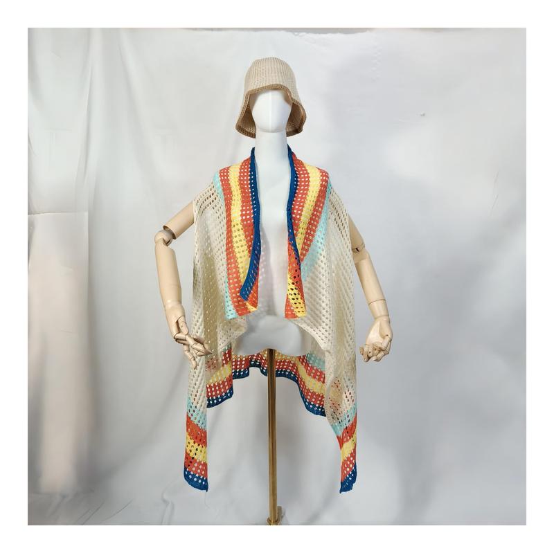 Cream crochet open-front kimono vest with multicolor rainbow stripes in blue orange yellow mint on mannequin with bucket hat