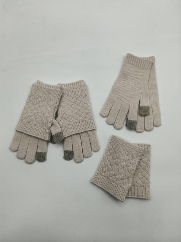 Beige knit glove set with basketweave pattern showing fingerless gloves, full touchscreen gloves, and wrist warmers with grey fingertips