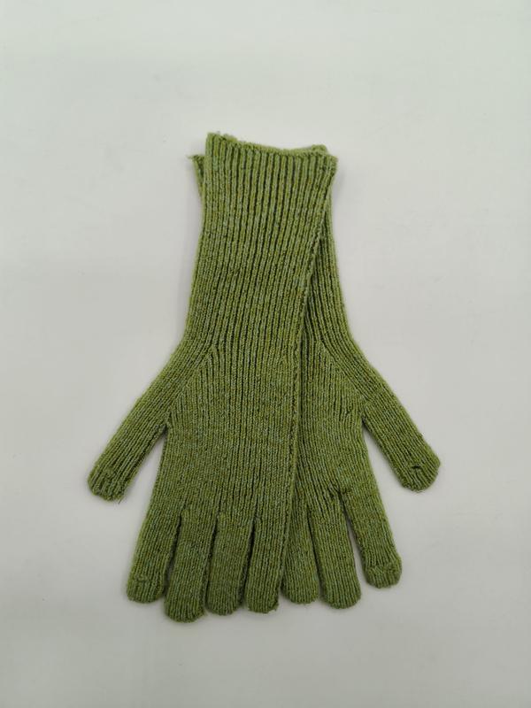 Flat lay of olive green ribbed knit gloves with extended wrist cuff on white background