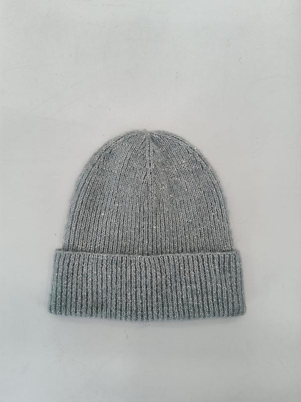 Light grey fine knit beanie hat with subtle silver sequin details and ribbed folded cuff, flat lay on white background
