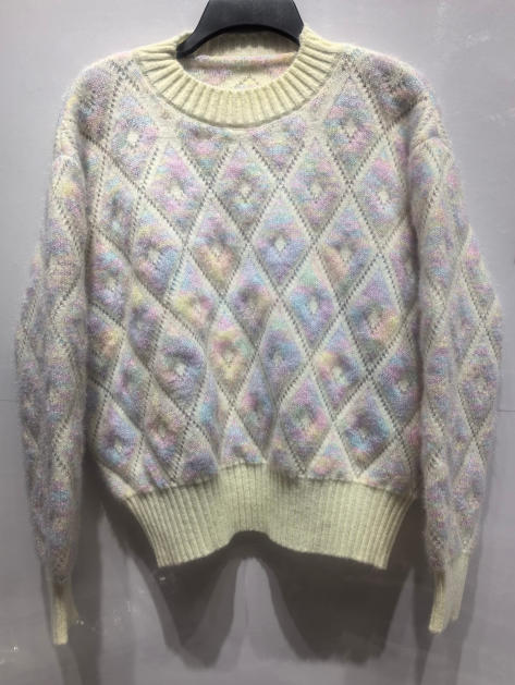 Cream fuzzy knit crewneck sweater with pastel multicolor diamond argyle pattern in pink, blue, lavender, and yellow
