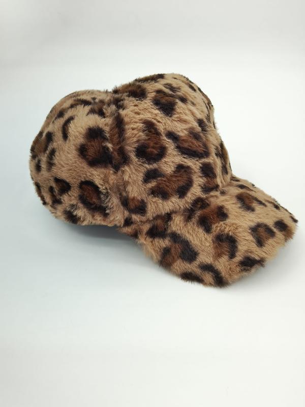 Fluffy faux fur baseball cap with brown and black leopard cheetah print pattern on white background