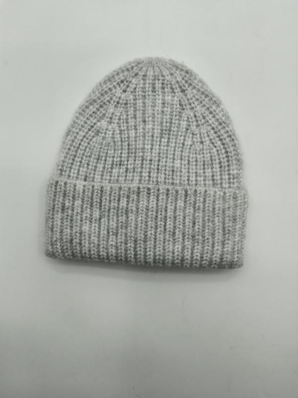 Light grey marl chunky ribbed knit beanie hat with folded cuff, laid flat on white background