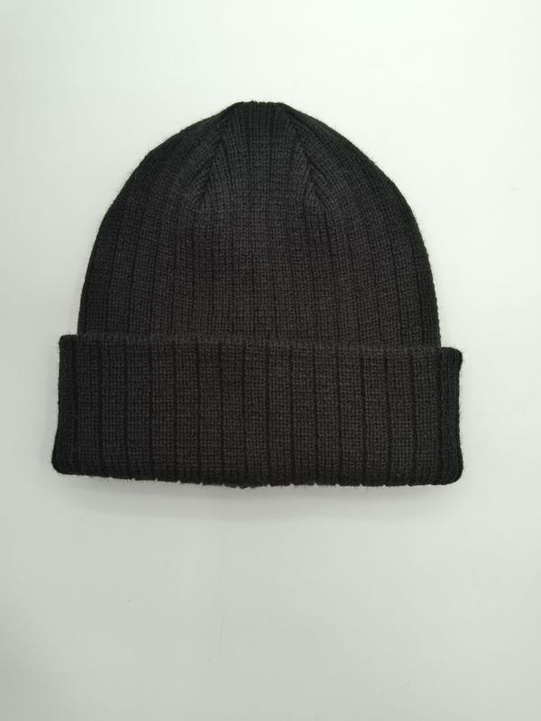 Dark charcoal ribbed knit beanie hat with folded cuff, laid flat on white background, soft wool blend winter hat